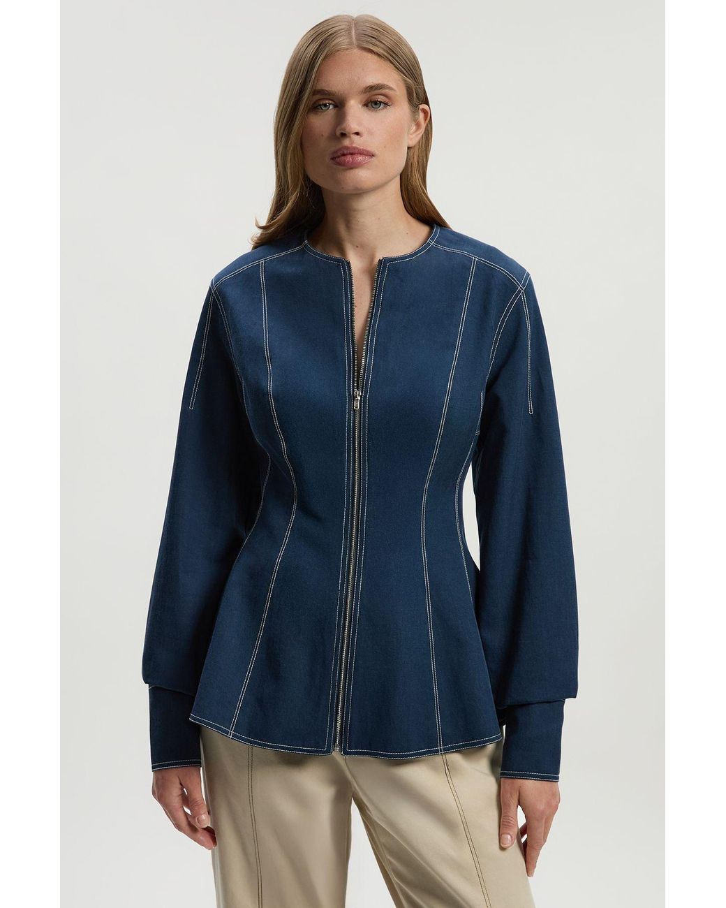 Karen Millen Blue Tencel Cotton Contrast Stitch Zip Front Woven Jacket