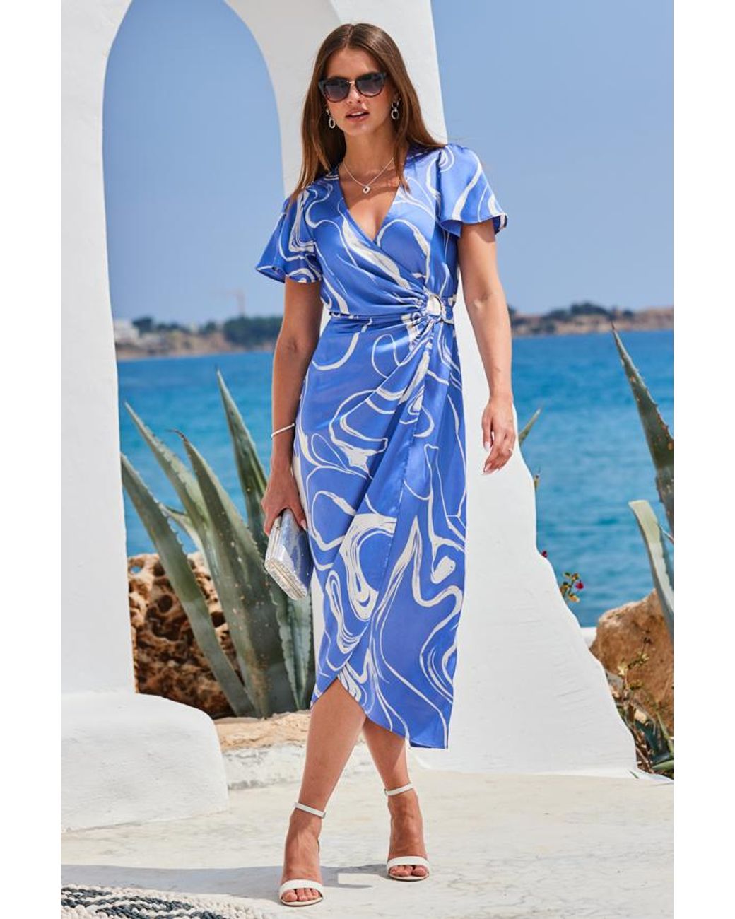 Sosandar Blue Swirl Print Ring Detail Satin Wrap Dress