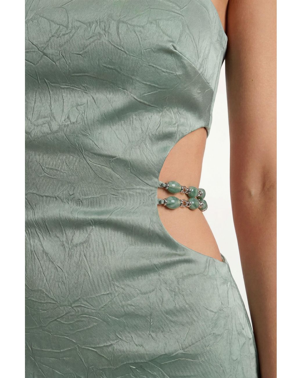 MissPap Green Beaded Trim Bandeau Satin Maxi Dress