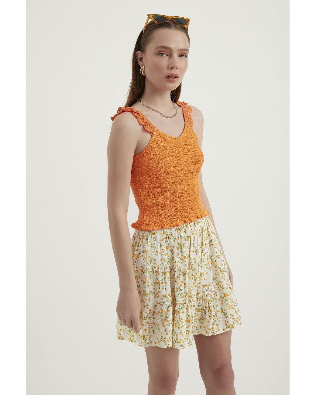 Hiccup Orange V Neck Smocked Cropped Top
