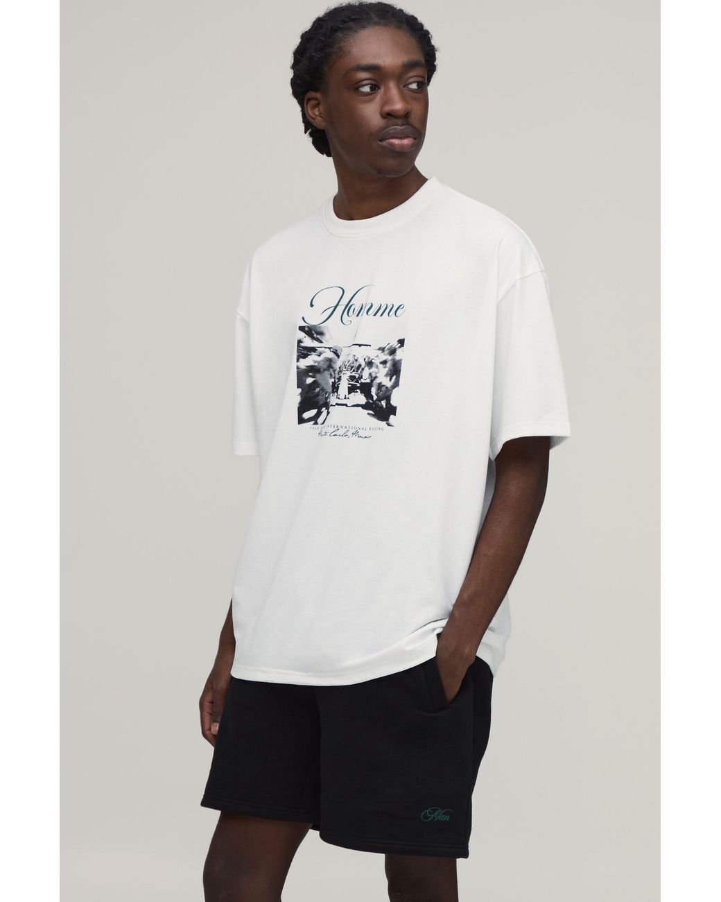 BoohooMAN White Homme Print Oversized T-Shirt & Baggy Jersey Short Set for men