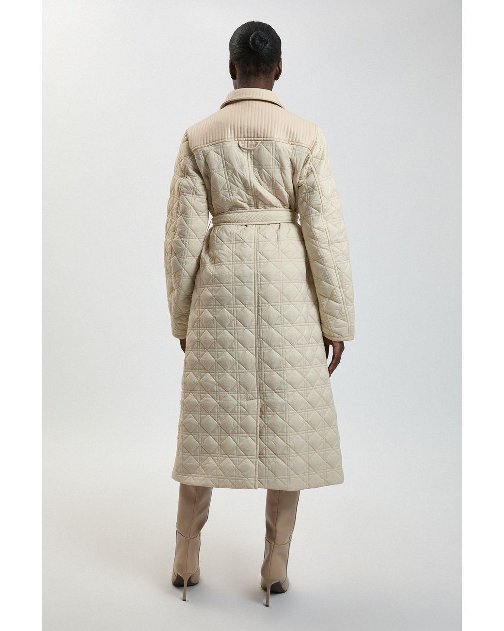 Karen Millen Natural Quilted & Pu Mix Belted Padded Midi Coat
