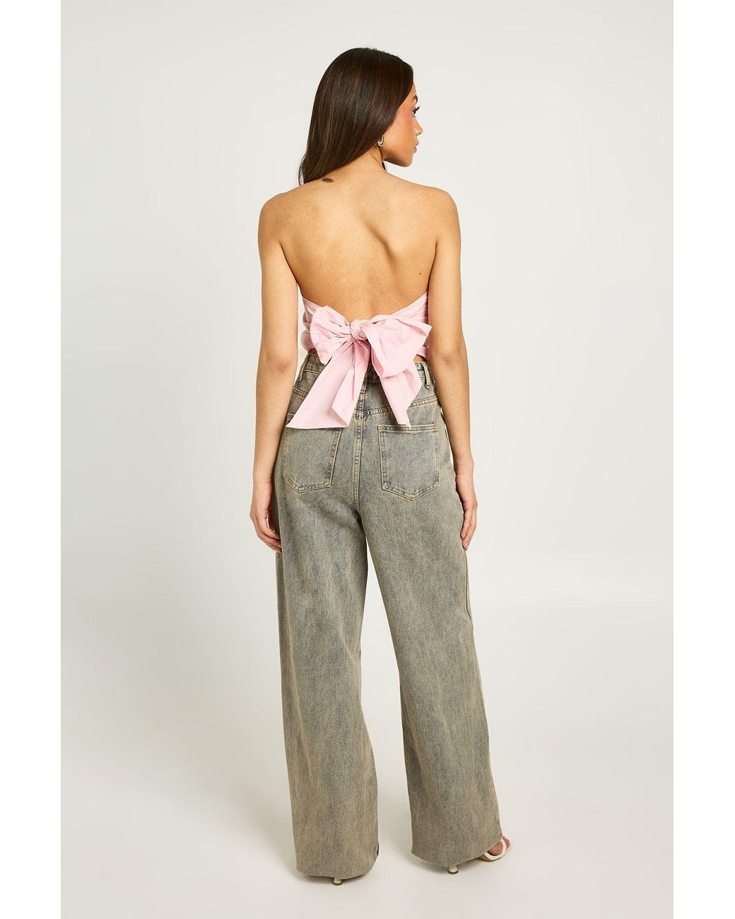 Boohoo Gray Poplin Scarf Tie Back Top
