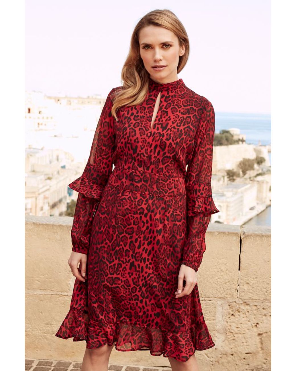 Sosandar Red Leopard Print Fit & Flare Ruffle Dress