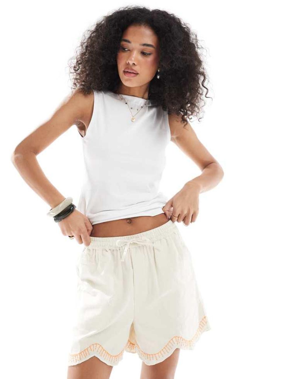 Native Youth White Beach Embroidered Scallop Edge Shorts