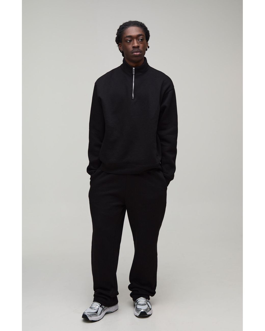 BoohooMAN Black Oversized Boxy Quarter Zip Funnel Sweatshirt & Straight Jogger Tracksuit for men