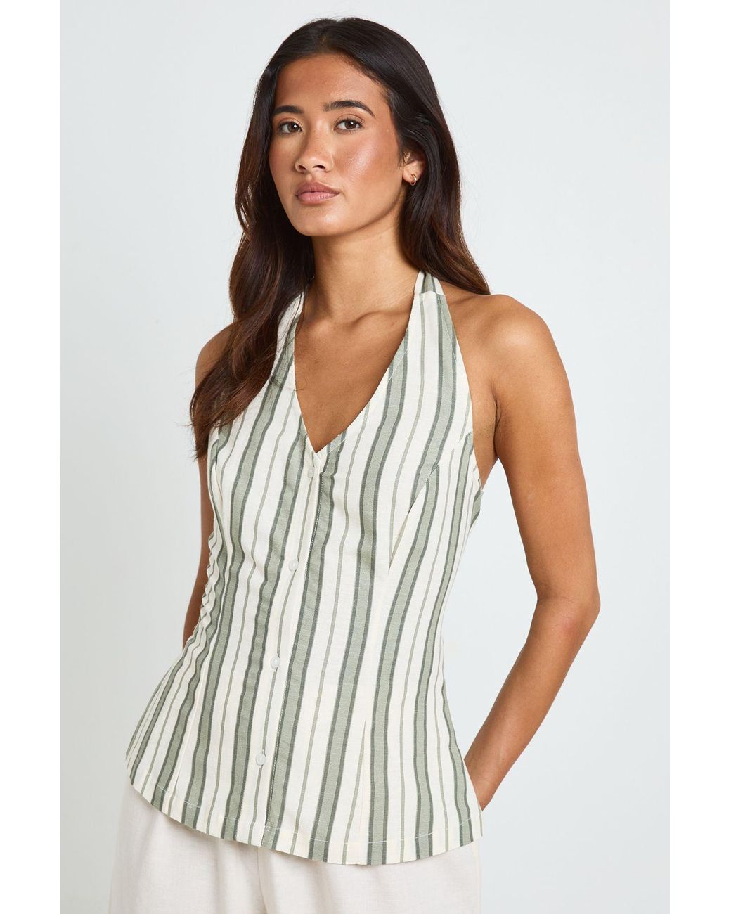 Boohoo White Premium Linen Stripe Halterneck Waistcoat