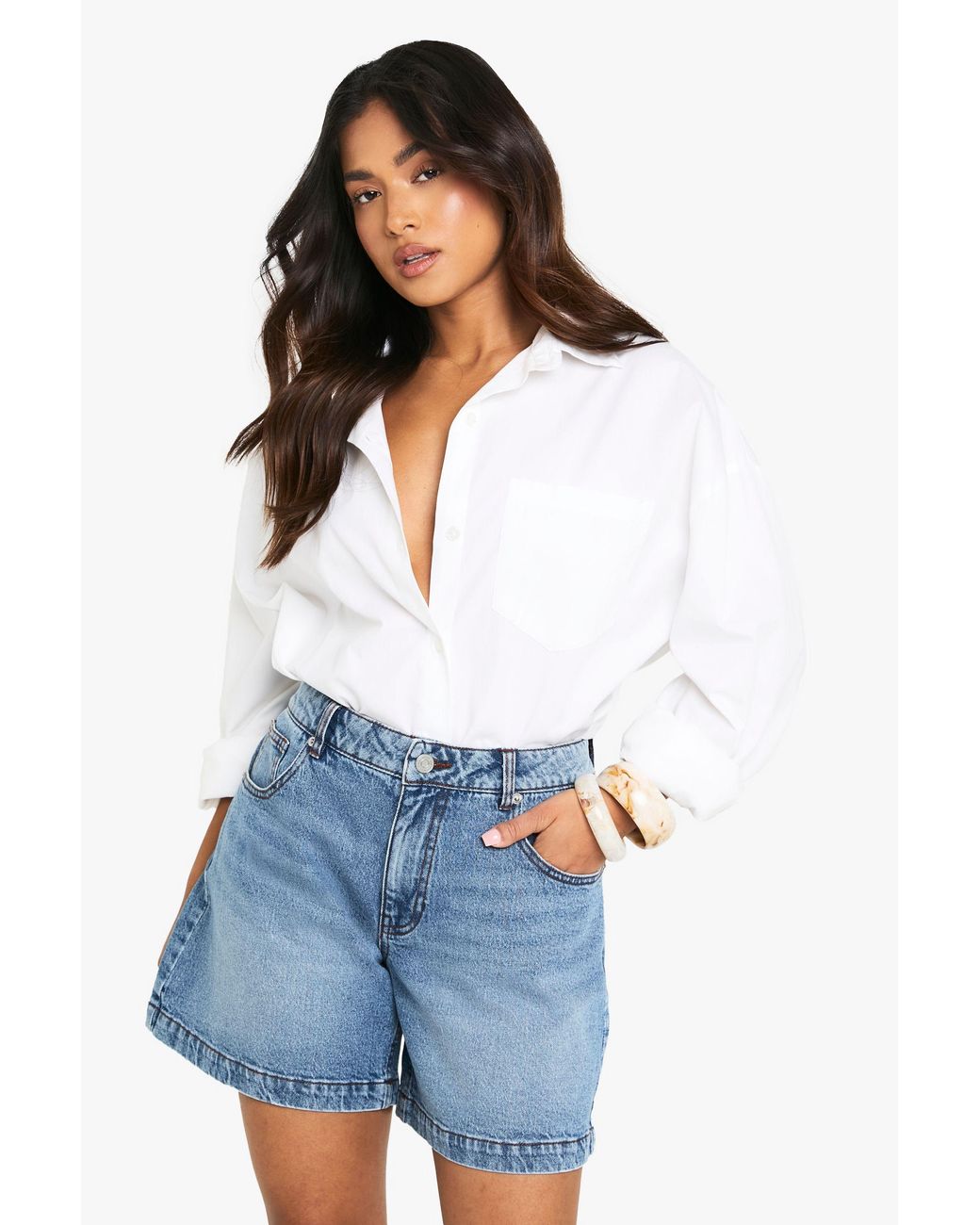Boohoo Blue Petite Denim Boyfriend Short
