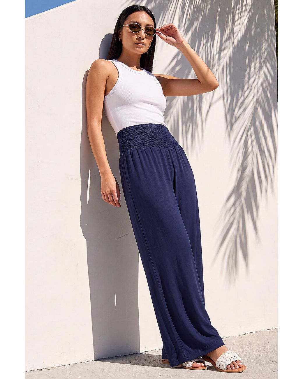 Roman Blue Shirred Wide Leg Trouser