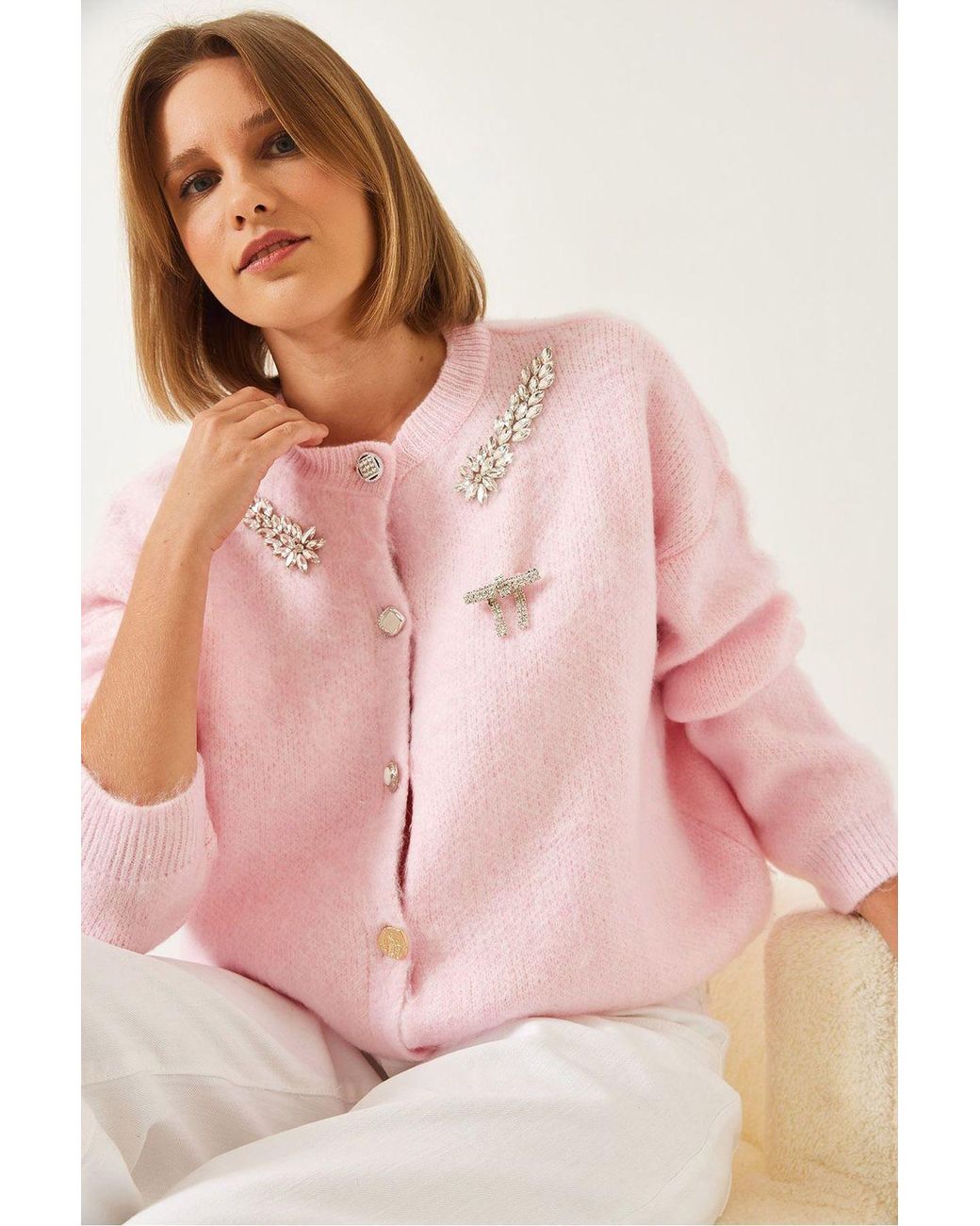 Bianco Lucci Pink Embellished Crew Neck Long Sleeve Cardigan
