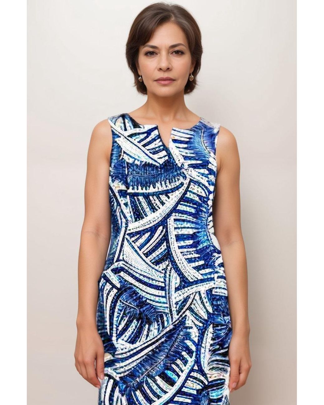 MAINE Blue Leaf Print Sleeveless Dress