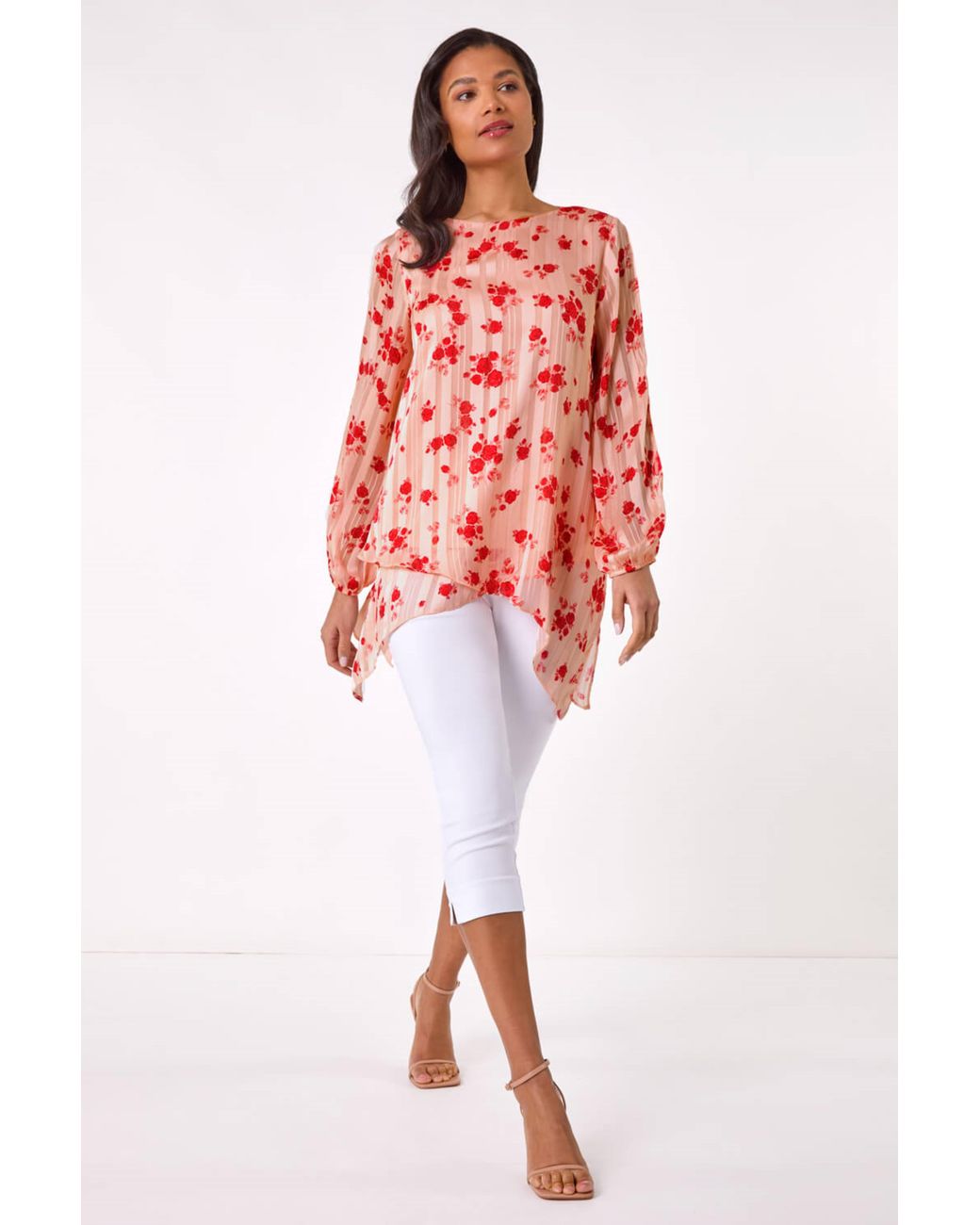 Roman Red Rose Print Metallic Tunic Top