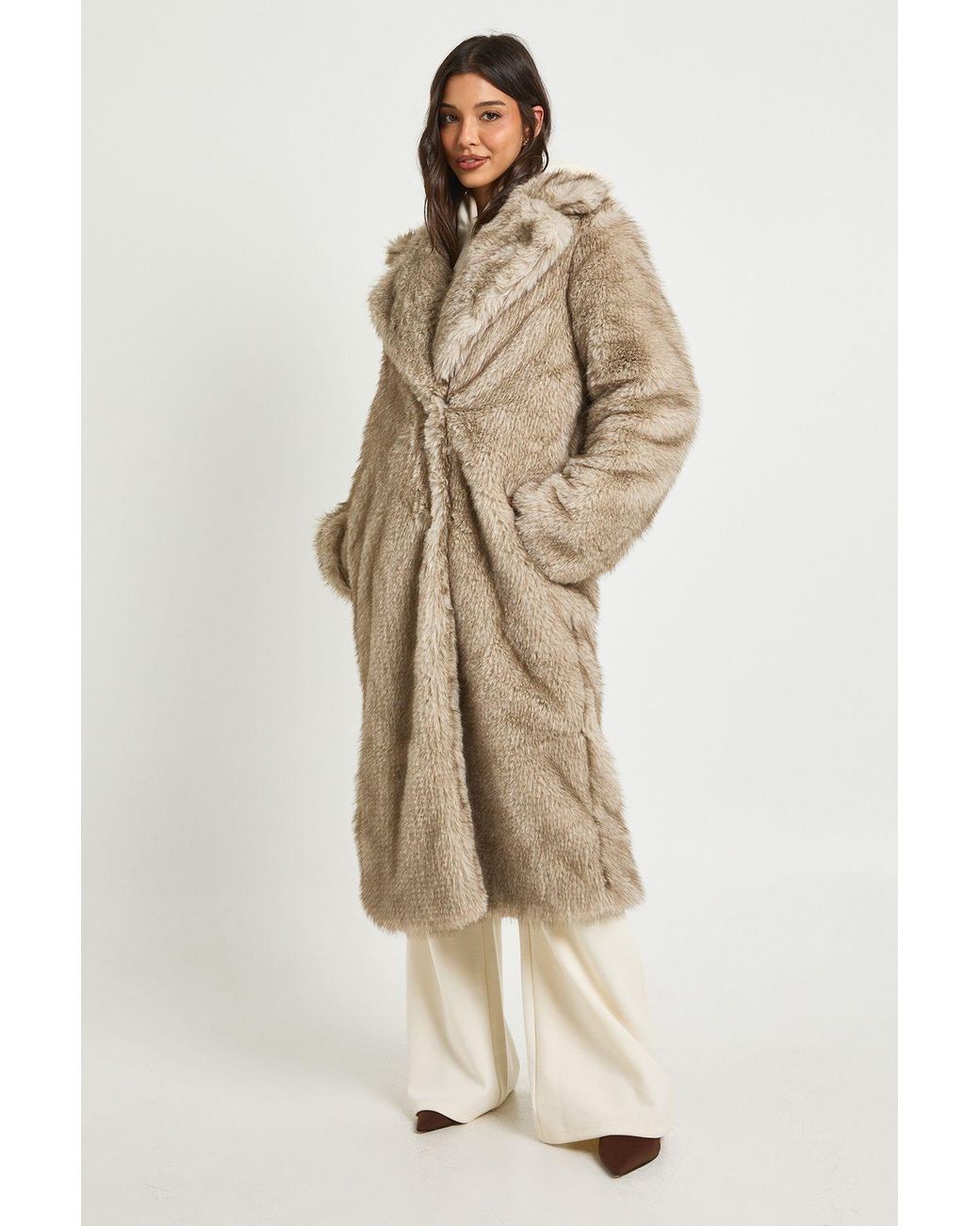 Boohoo Natural Vintage Look Faux Fur Maxi Jacket