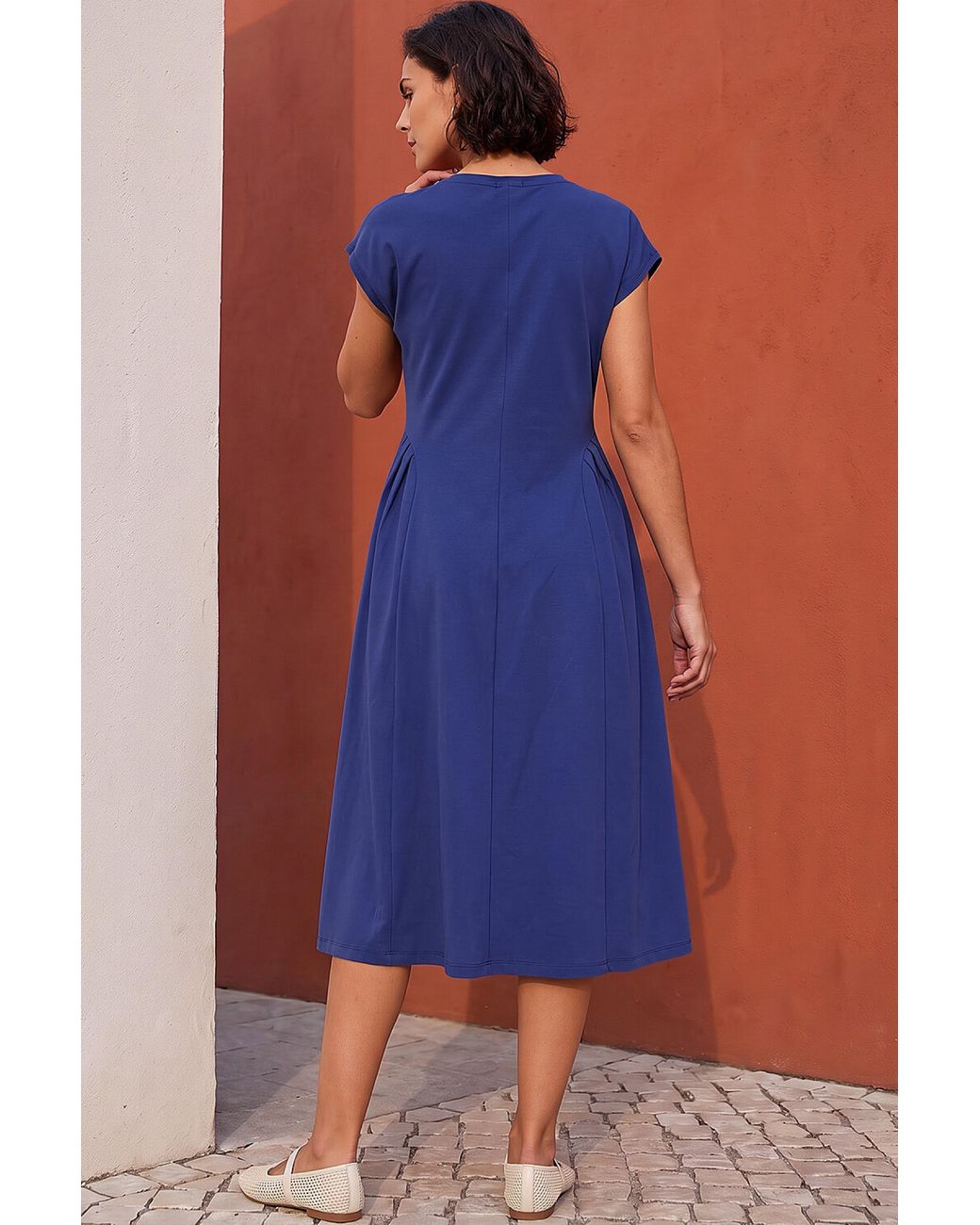 Roman Blue Side Pleat Detail Dress