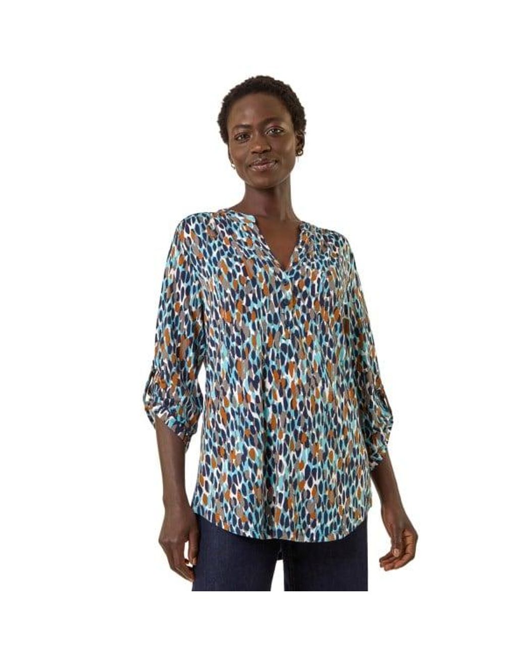 Roman Blue Spot Print Notch Neck Shirt