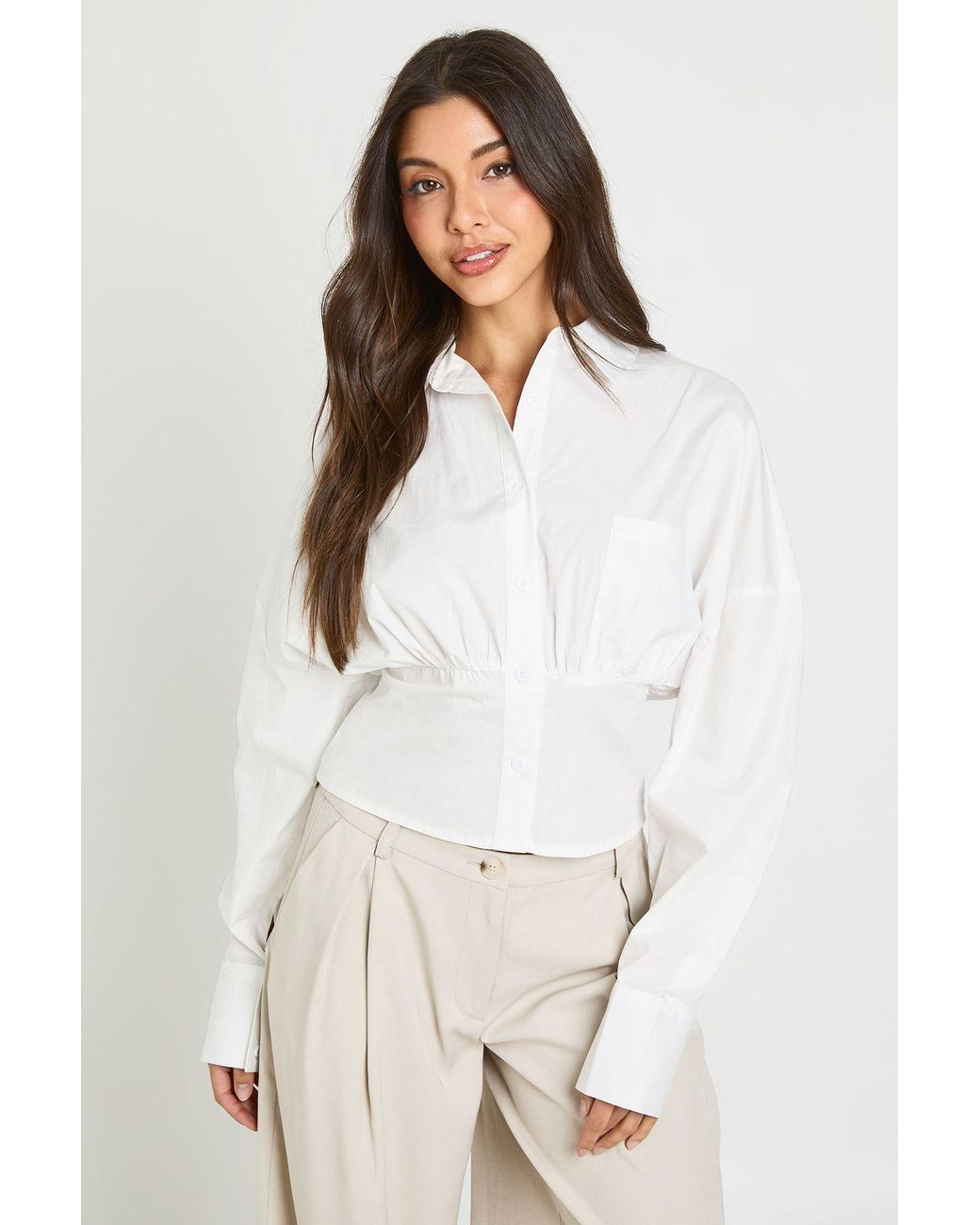 Boohoo White Cinched Cotton Poplin Shirt