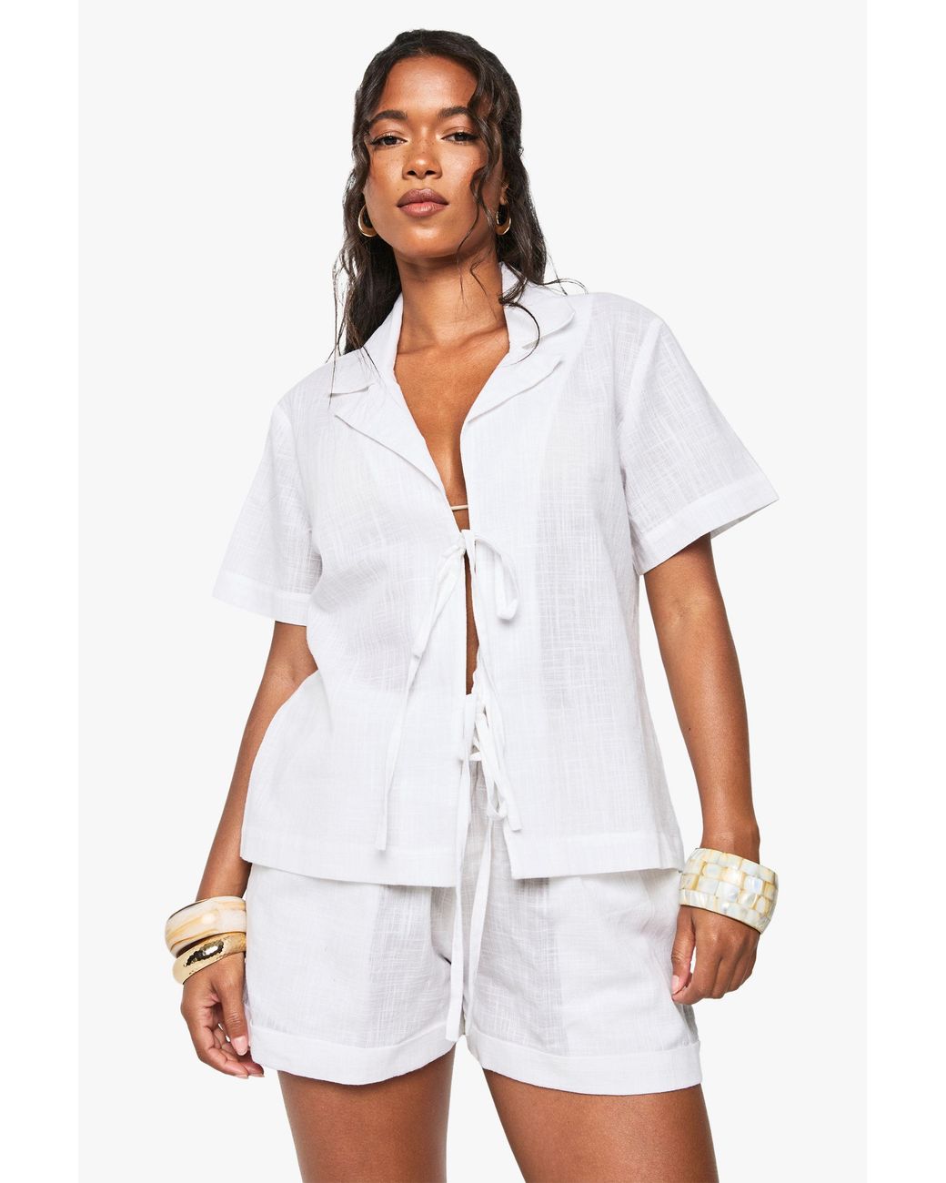 Boohoo White Linen Tie Front Beach Co Ord