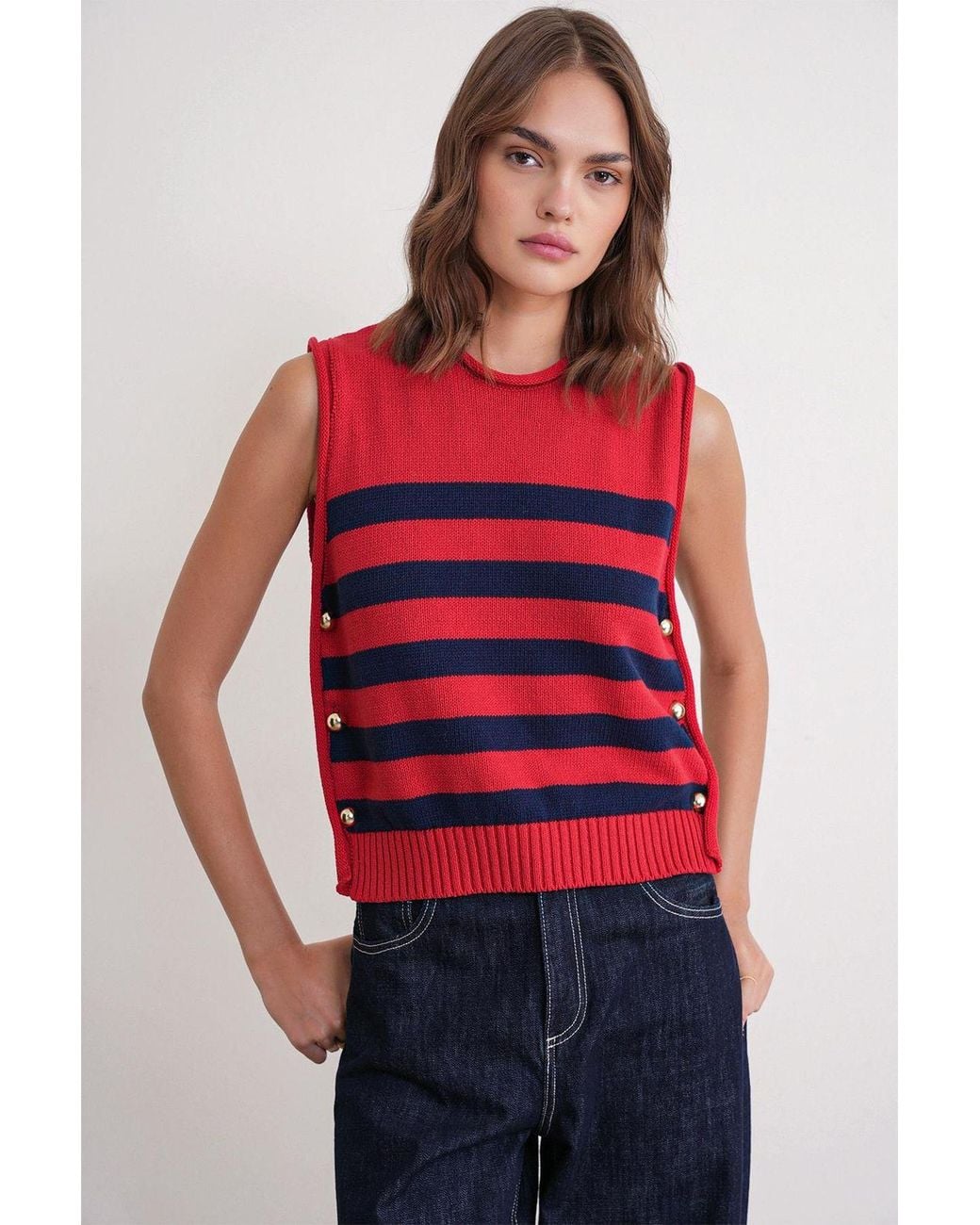 MixRay Red Striped Knit Top With Button Detail