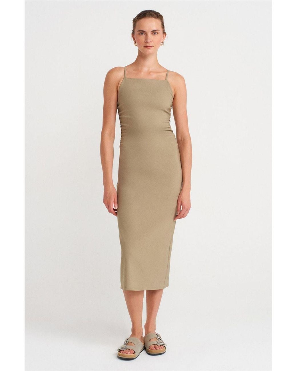Dilvin Natural Sleeveless Bodycon Midi Dress