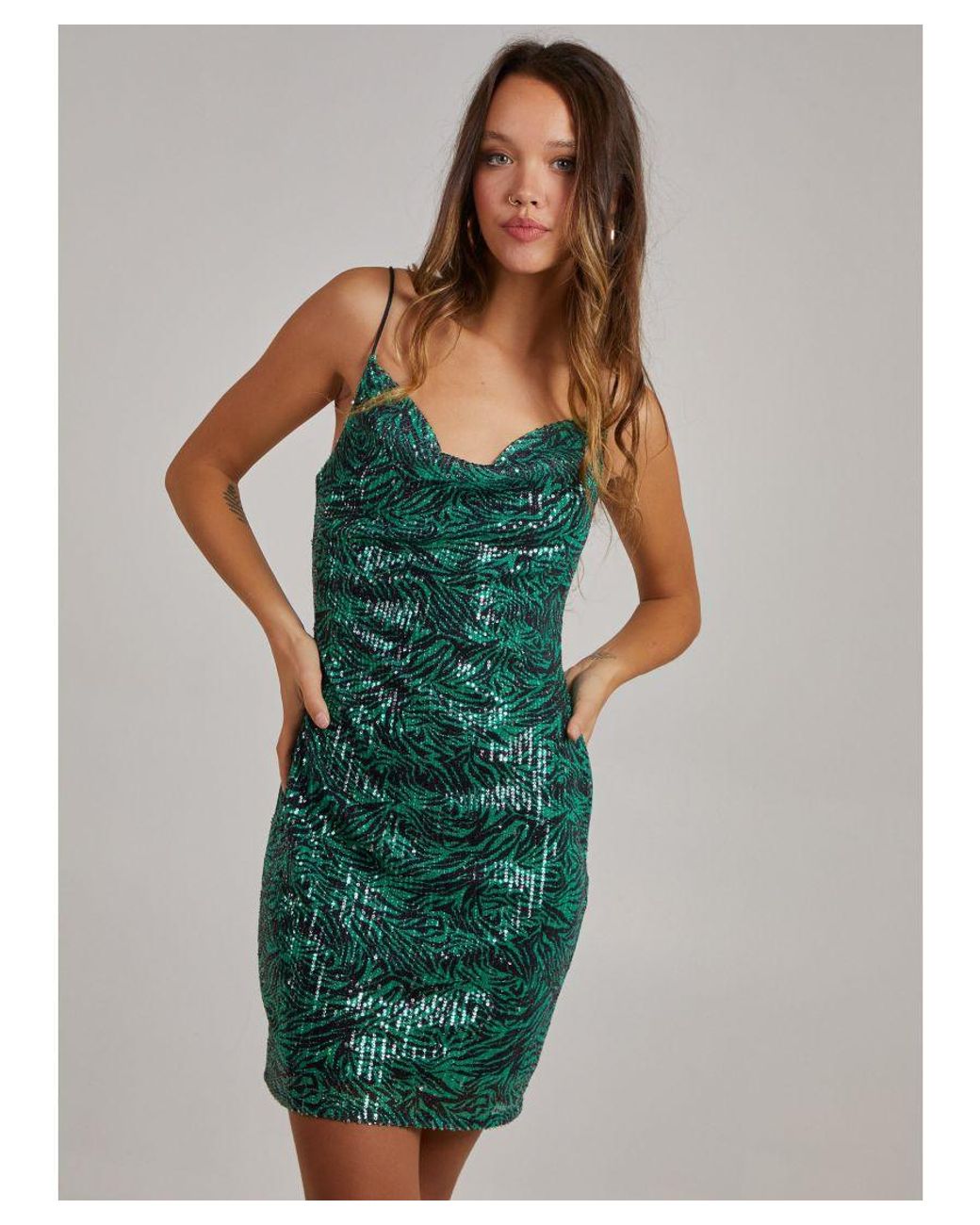 Pink Vanilla Green Sequin Cowl Neck Dress
