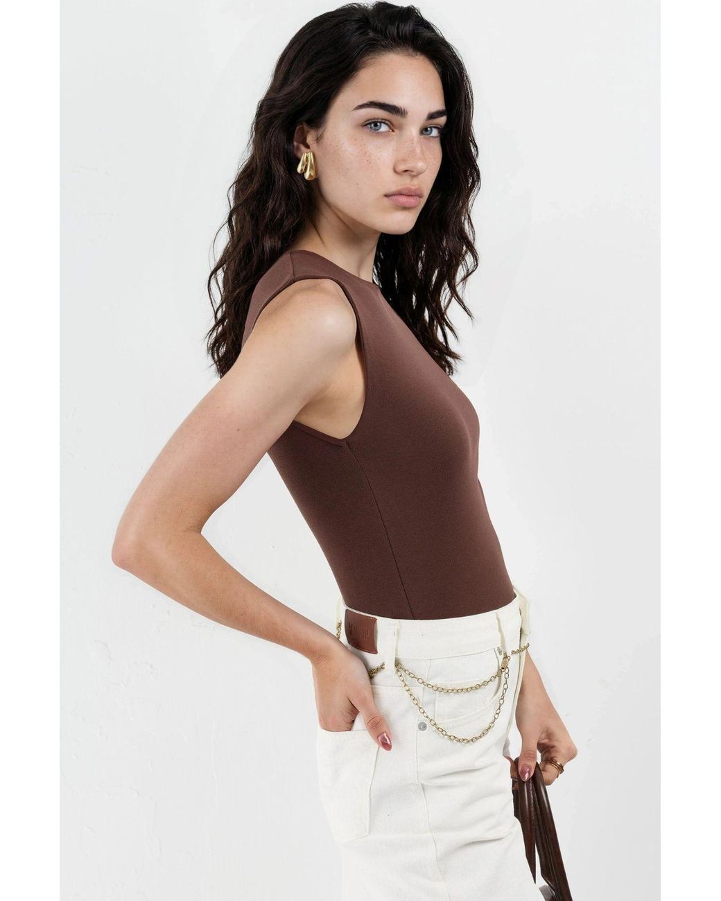 Busem Brown Crew Neck Sleeveless Solid Top