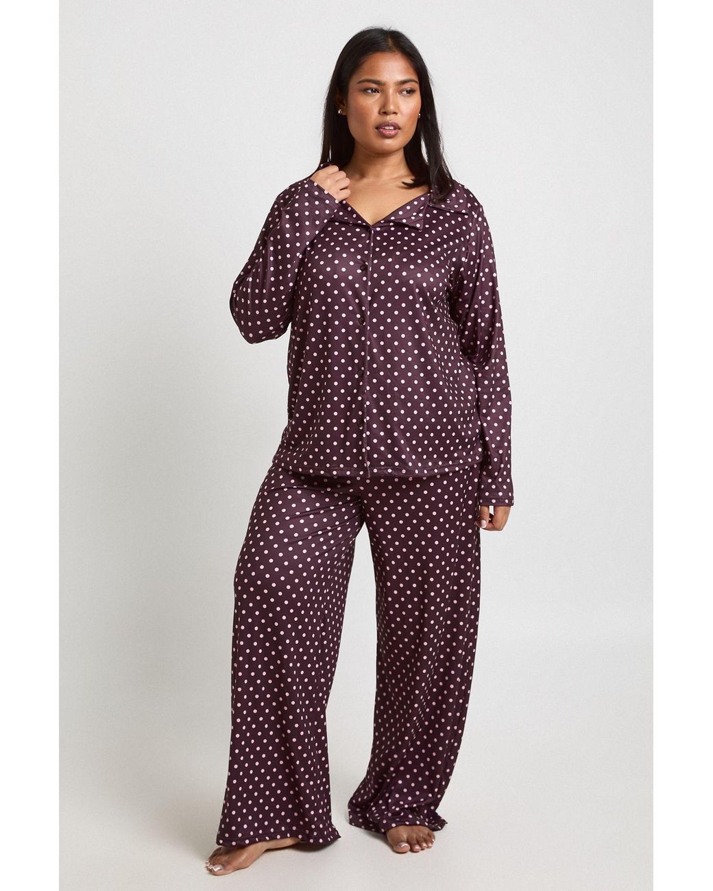 Boohoo Red Plus Polka Dot Print Long Sleeve Shirt & Trouser Pyjama Set