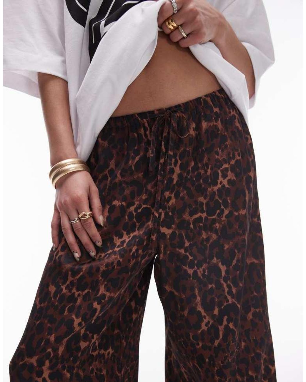 TOPSHOP White Printed Satin Straight Leg Tie Waist Trouser