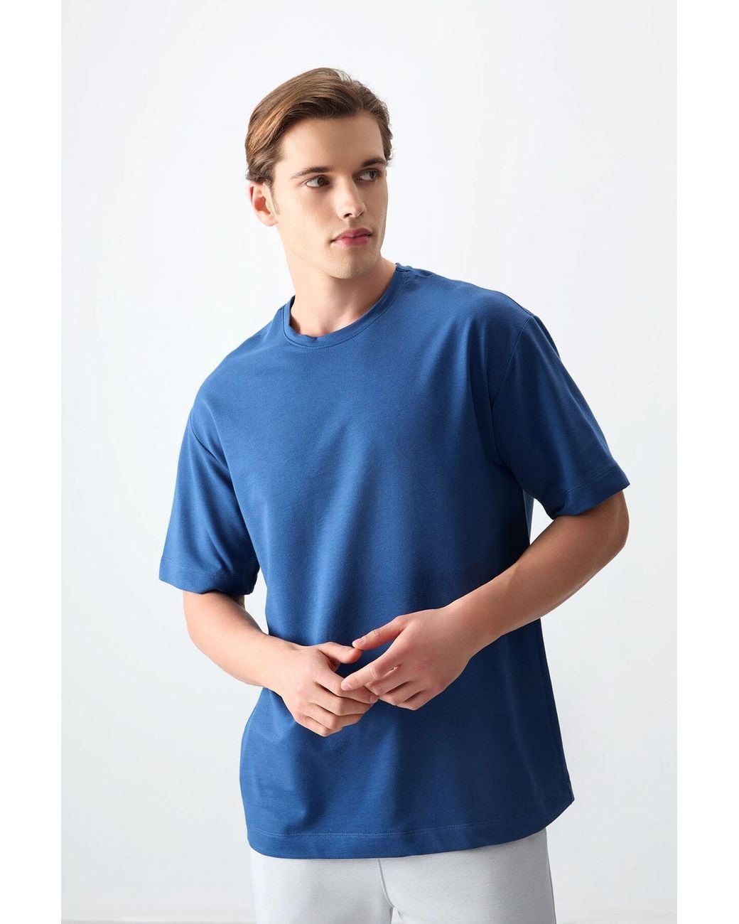 TOMMY LIFE Blue Oversized Cotton Blend Crew Neck T-Shirt for men