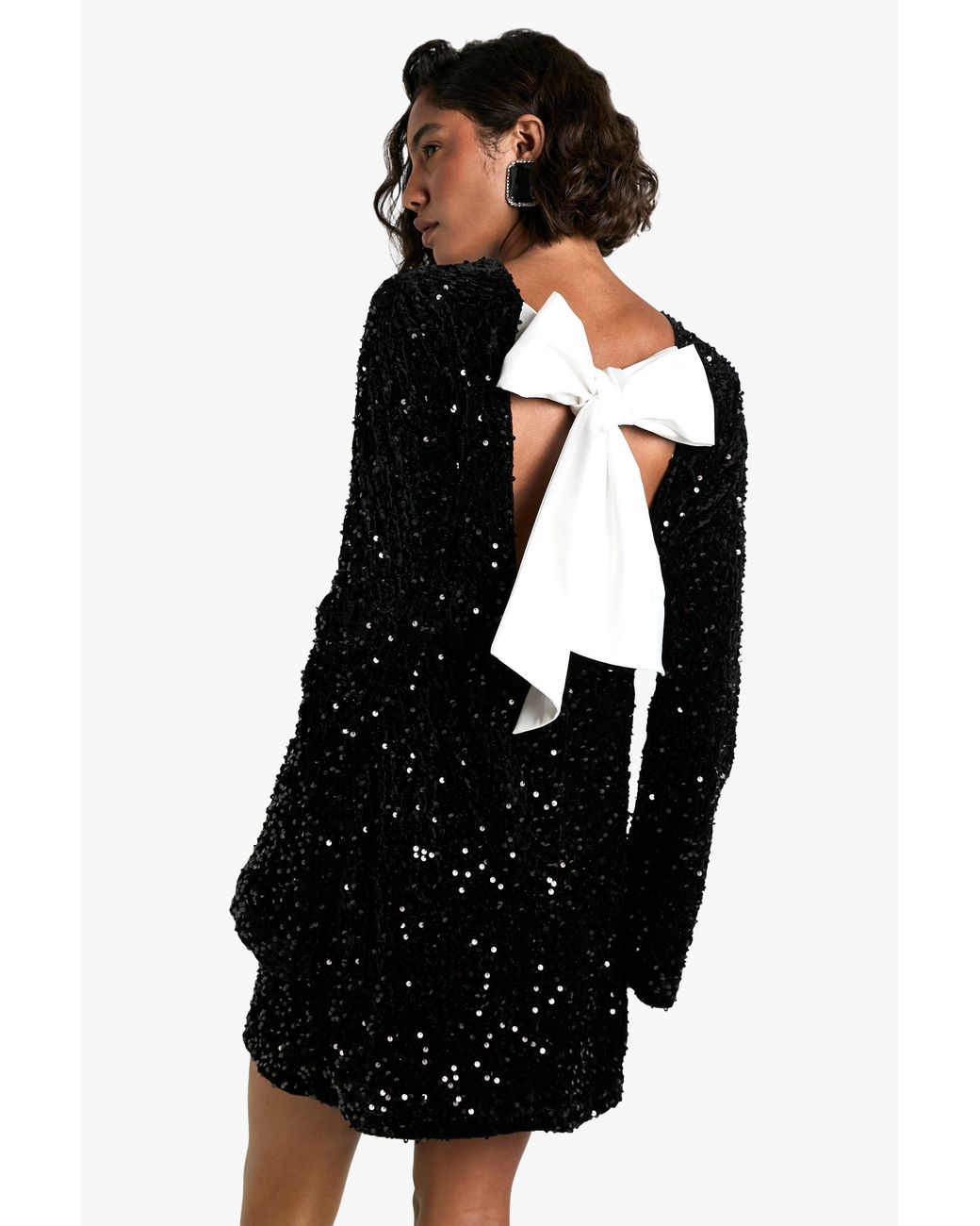 Boohoo Black Tall Velvet Sequin Bow Back Mini Dress