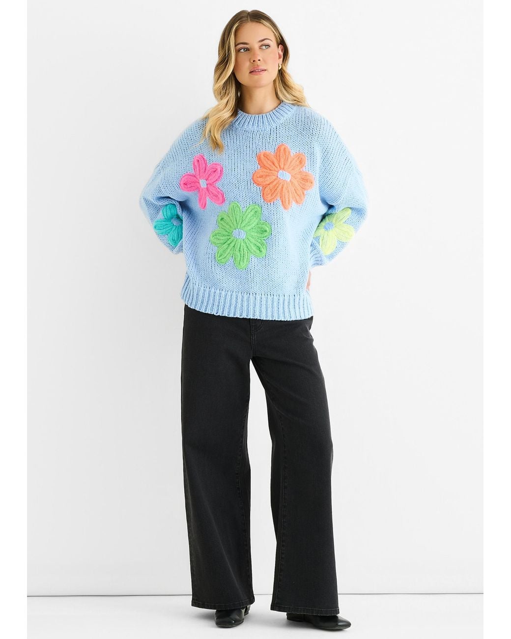Gini London Blue Floral Crochet Chunky Knit Oversized Jumper