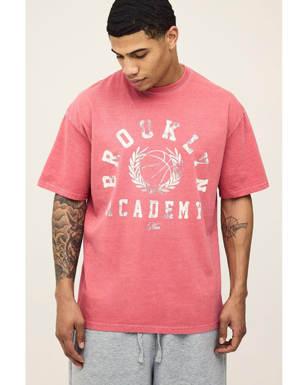 BoohooMAN Pink Washed Oversized Brooklyn Print T-Shirt Cotton for men