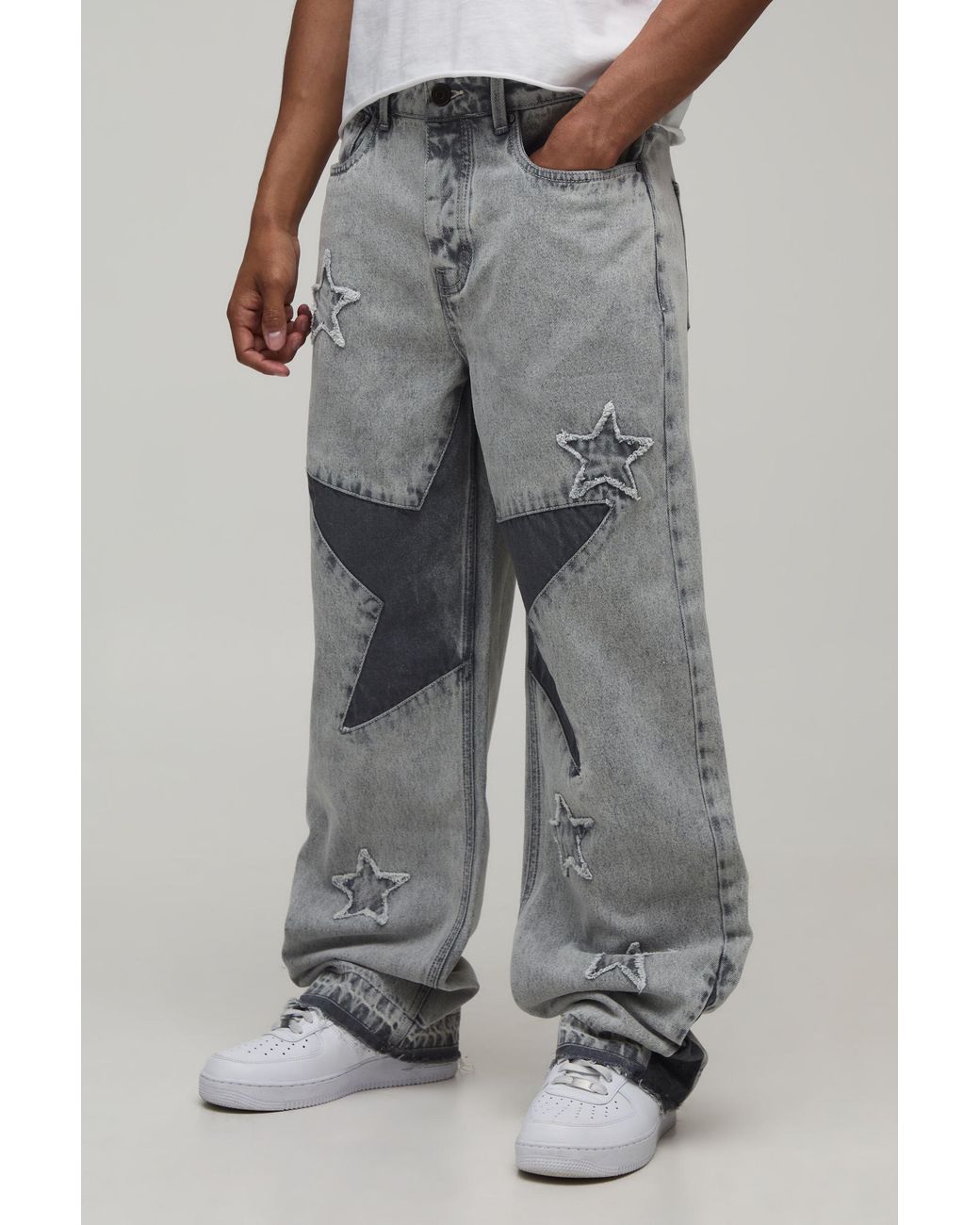 BoohooMAN Gray Star Patchwork Relaxed Fit Jeans for men
