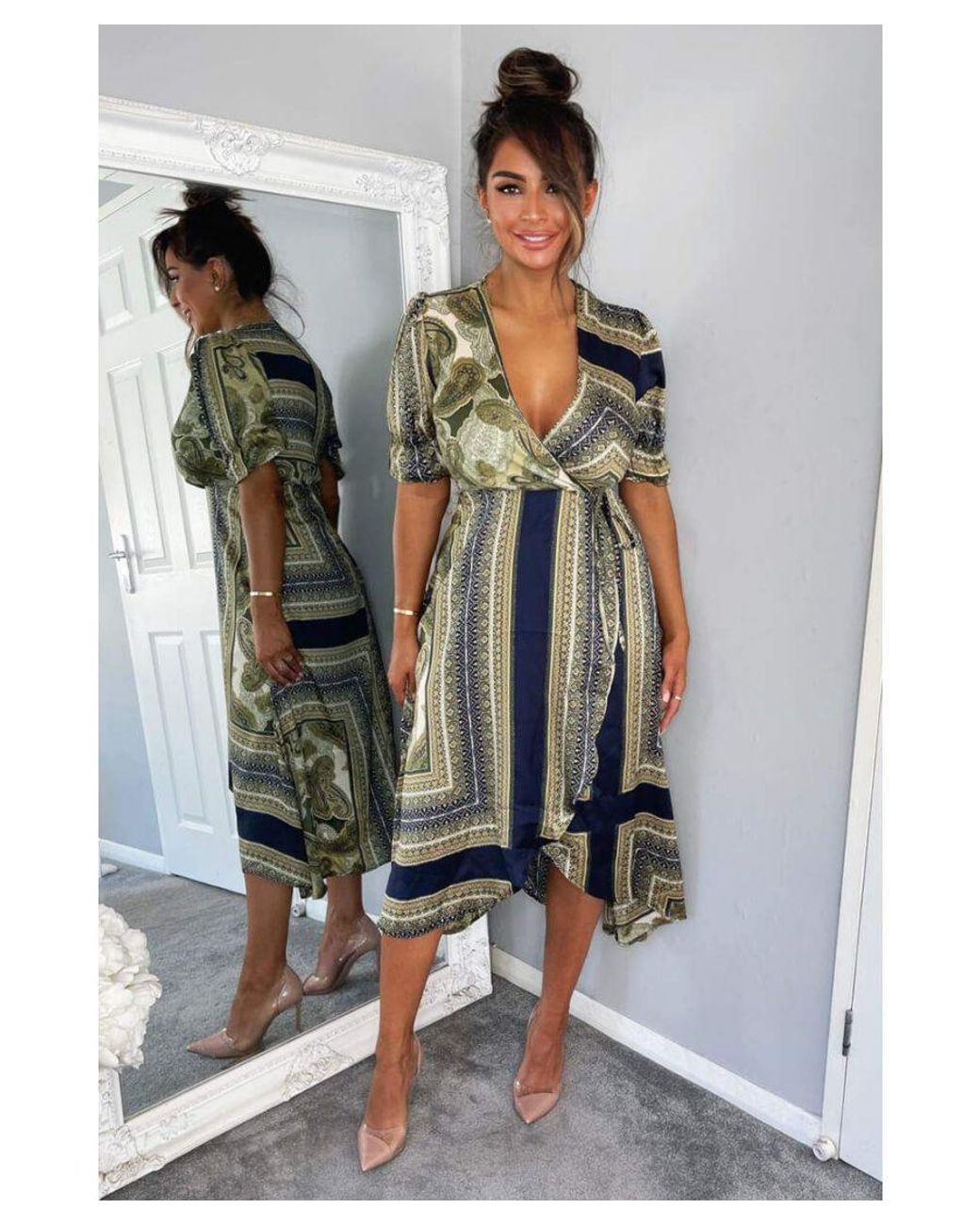 AX Paris Gray Scarf Print Wrap Midi Dress