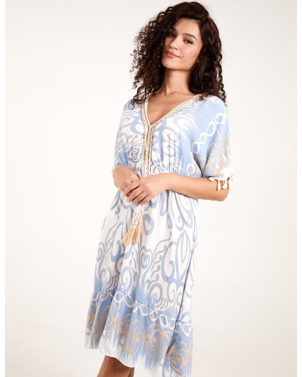 Blue Vanilla Blue Paisley Print Tassel Midi Dress