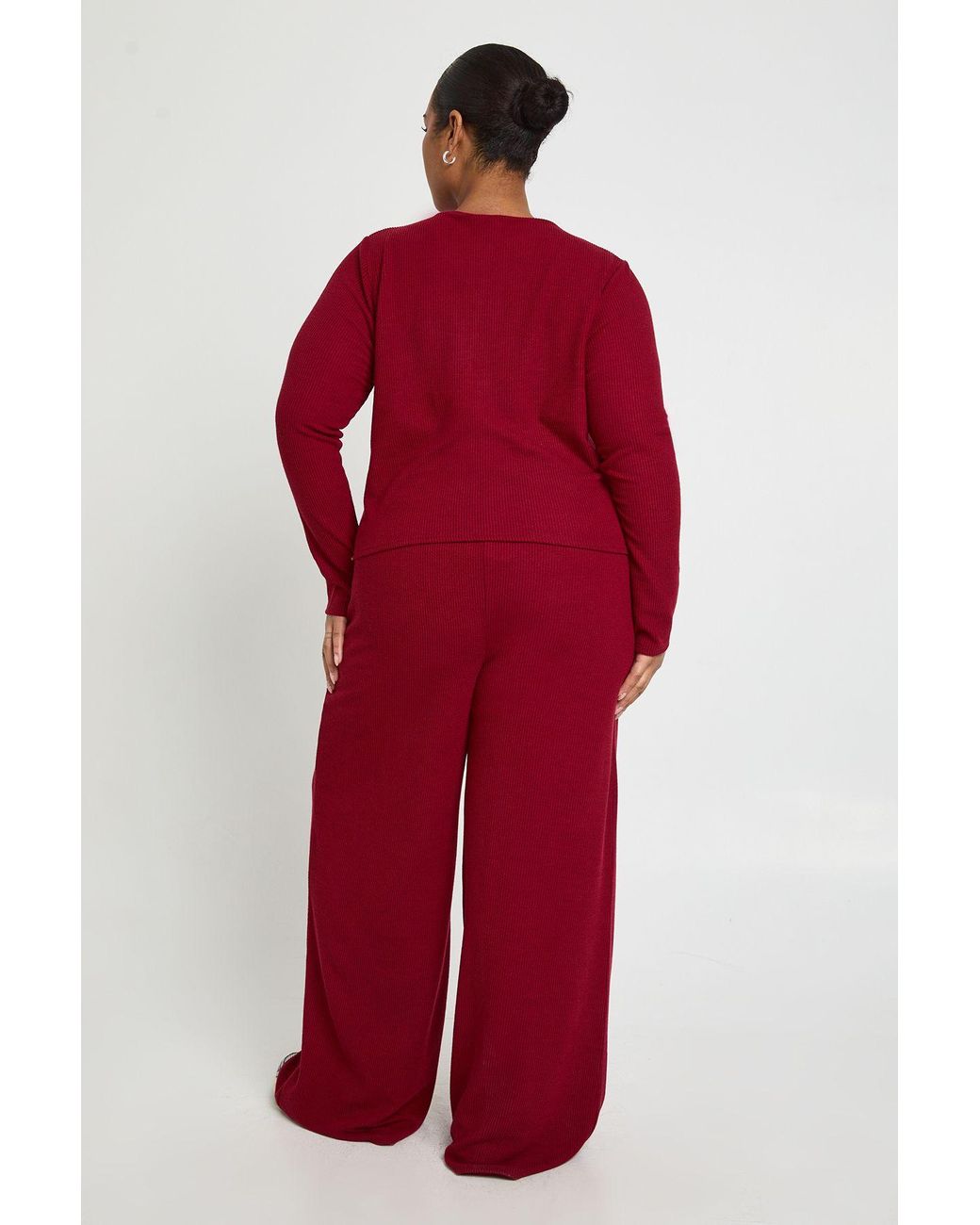 Boohoo Red Plus Rib Button Cardigan And Trouser Co-Ord