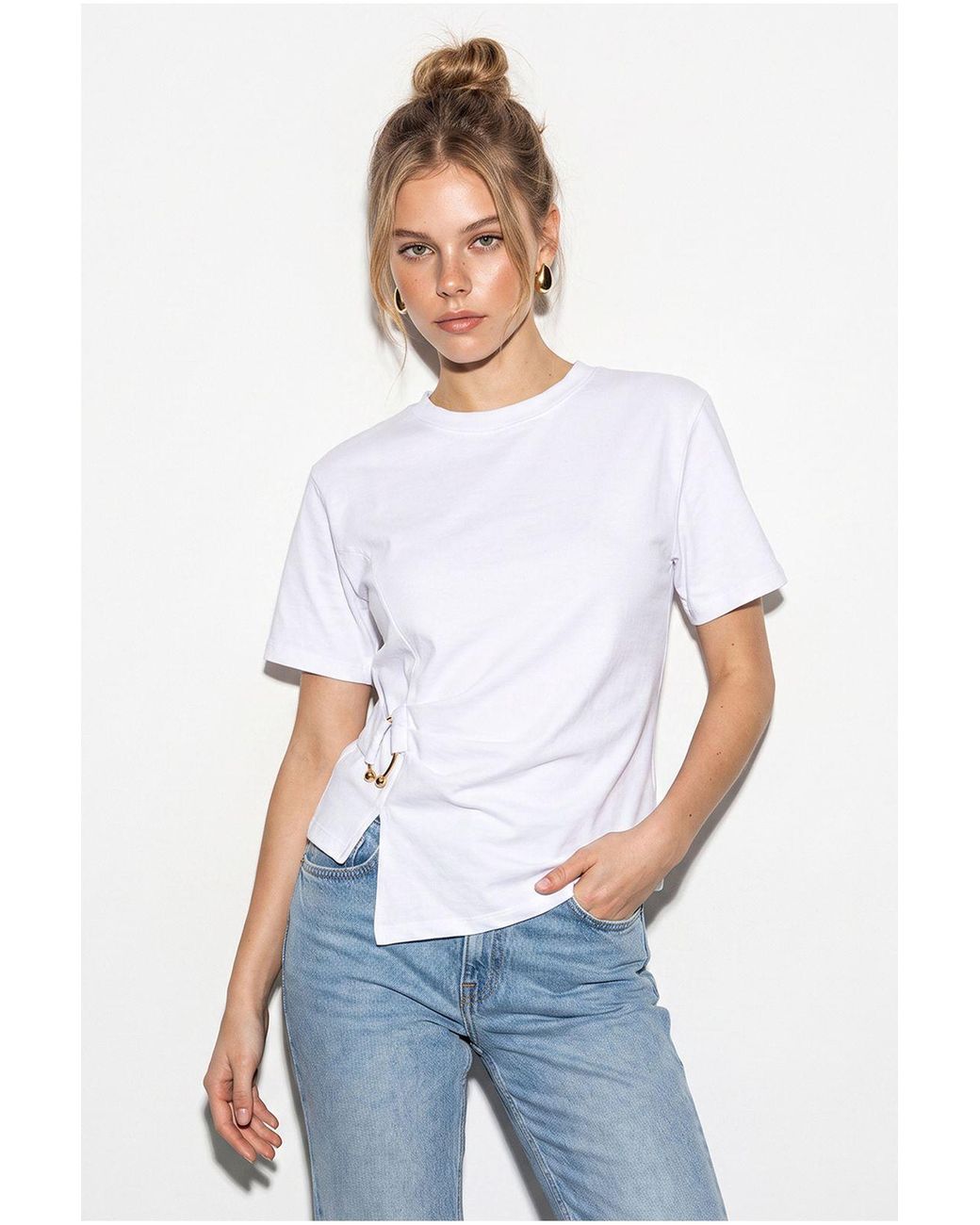 Bianco Lucci White Cotton Blend Crew Neck Blouse