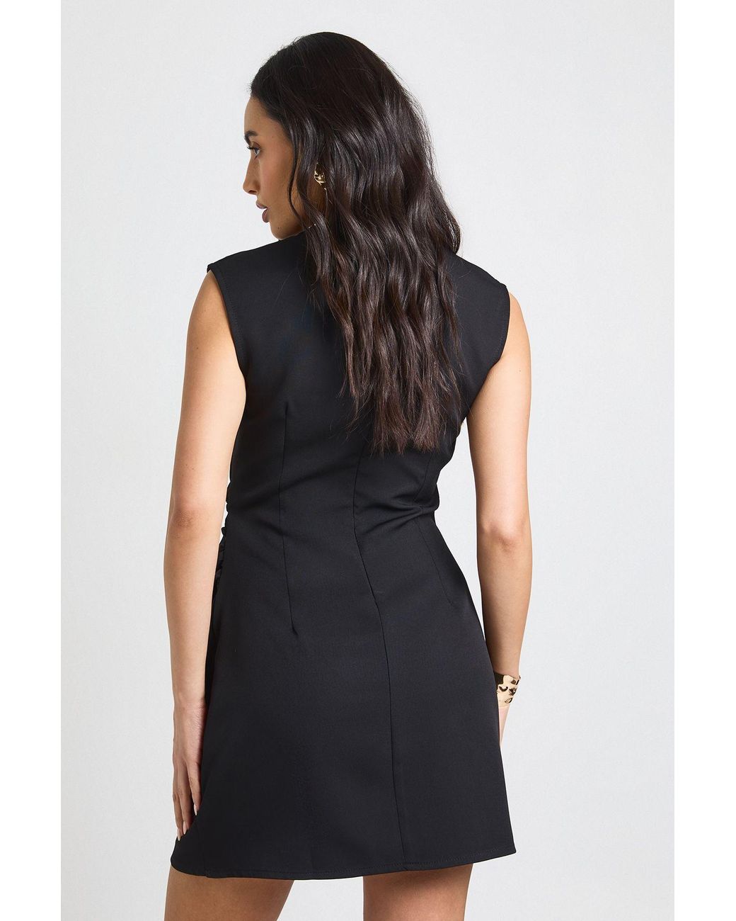 Boohoo Black Shoulder Pad Ruched Waist Mini Dress