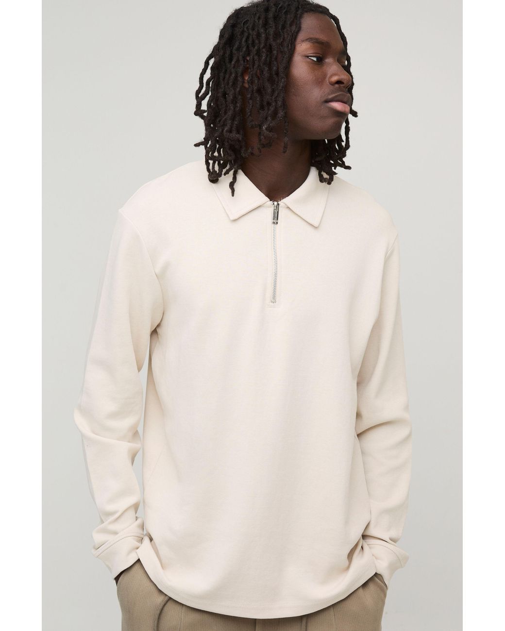 BoohooMAN Natural Regular Premium Interlock Long Sleeve Polo for men