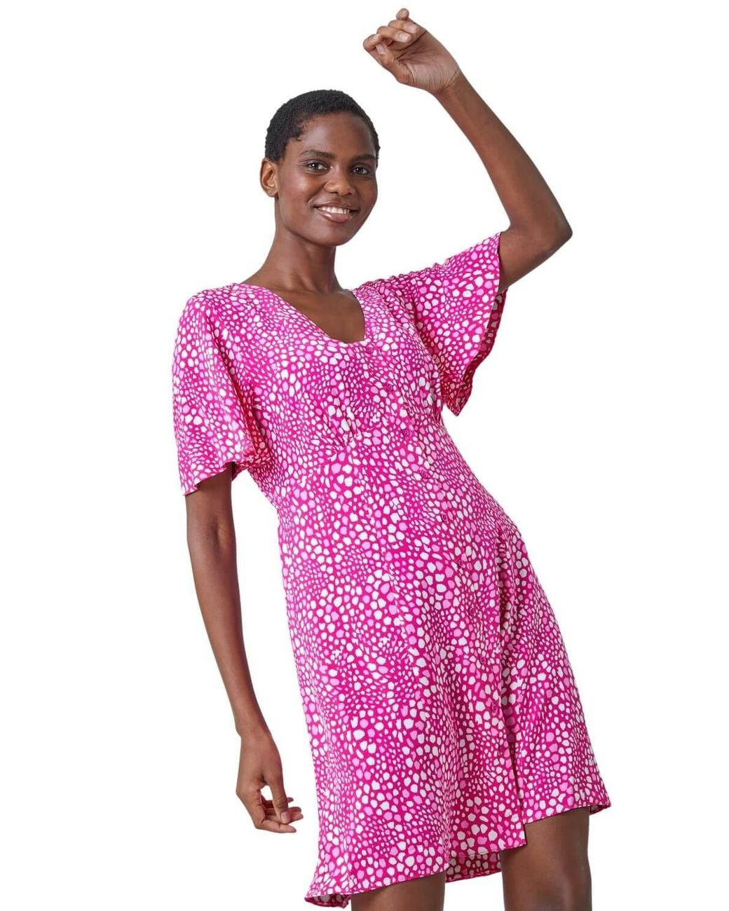 Roman Purple Ditsy Spot Print Button Dress