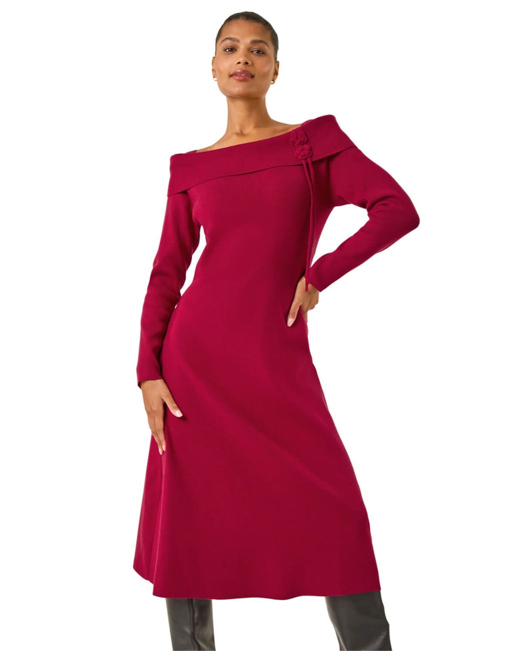 Roman Red Floral Bardot Knit Midi Dress