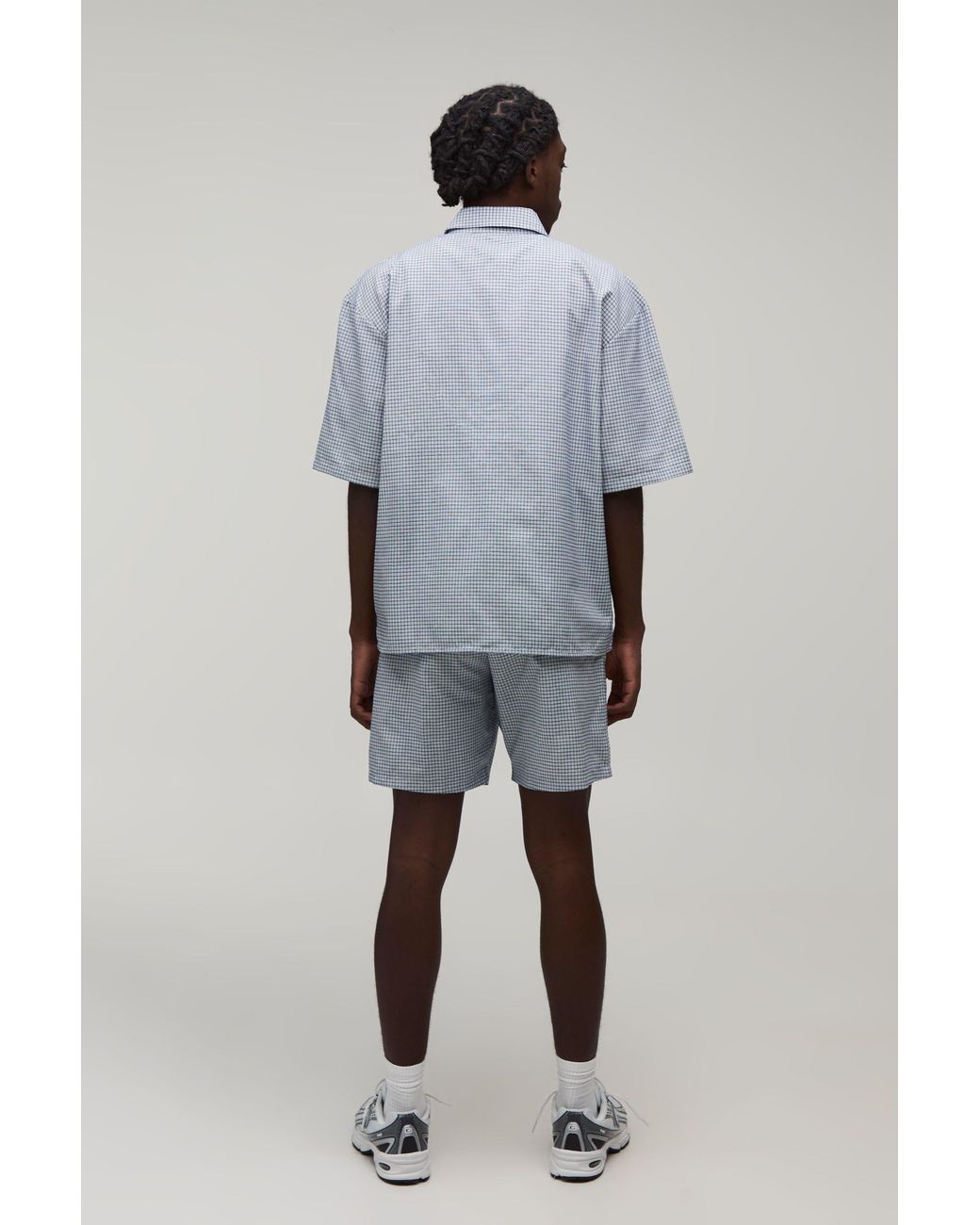 BoohooMAN Blue Embroidered Micro Check Boxy Shirt & Short Set for men