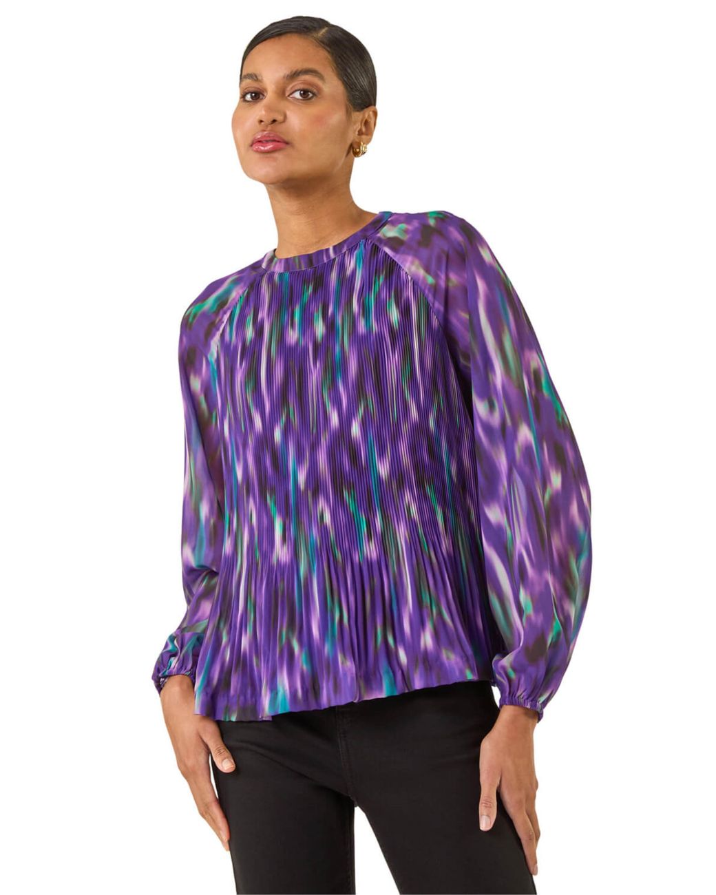 Roman Purple Abstract Print Pleated Top
