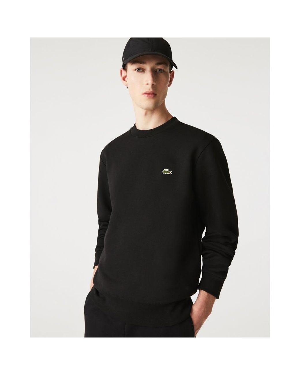 Lacoste Black Crew Neck Fleece Sweatshirt Cotton for men