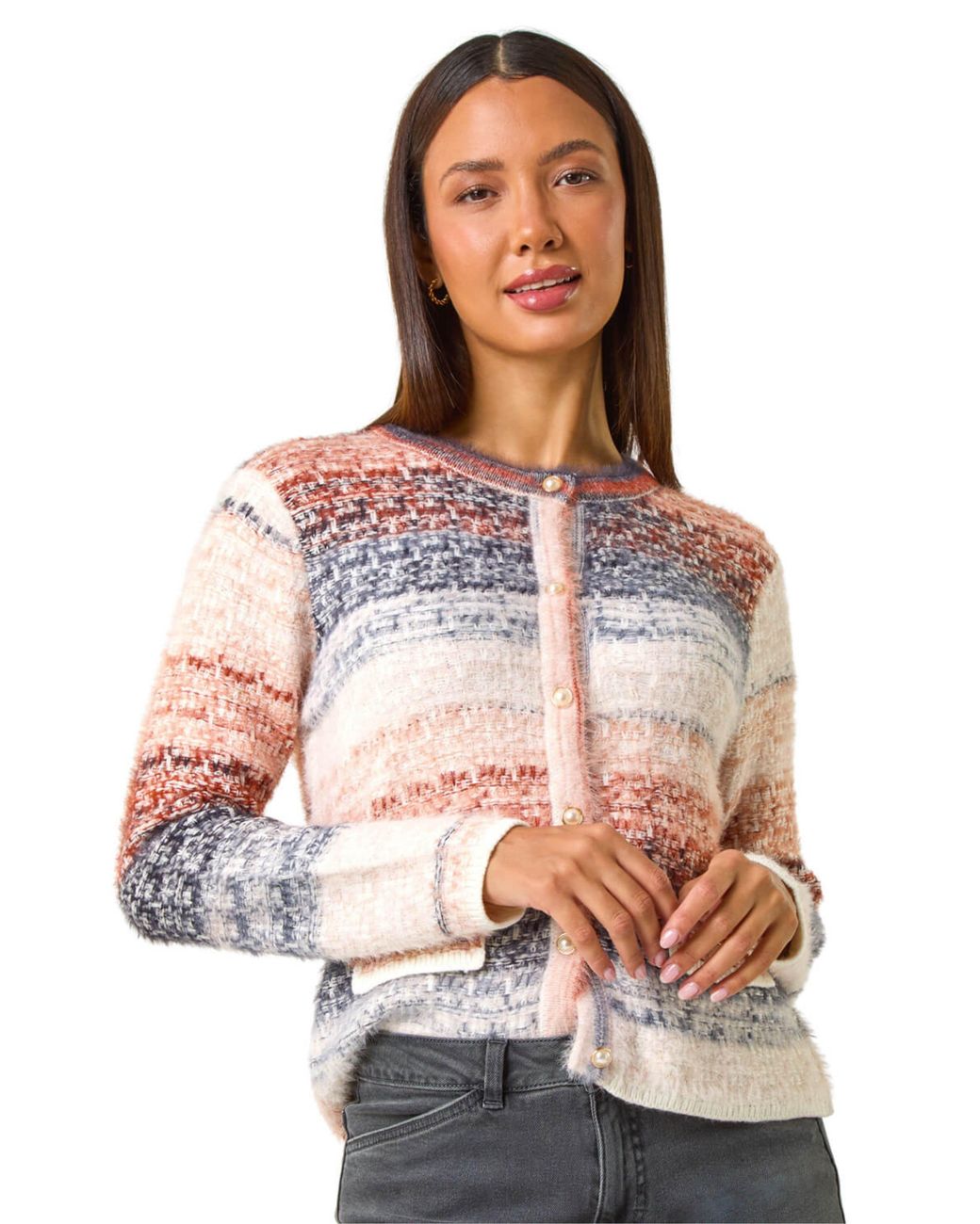 Roman White Fluffy Ombre Knit Cardigan