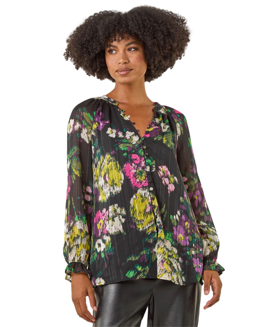 Roman Black Metallic Floral Print Blouse