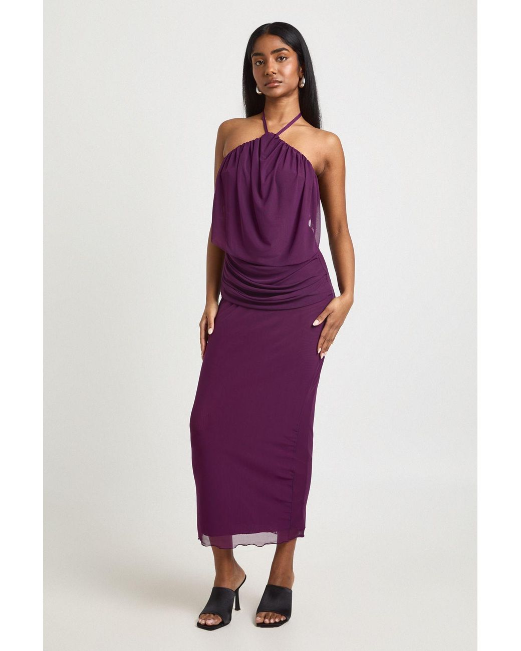 Boohoo Purple Mesh Halterneck Cowl Bodycon Midaxi Dress