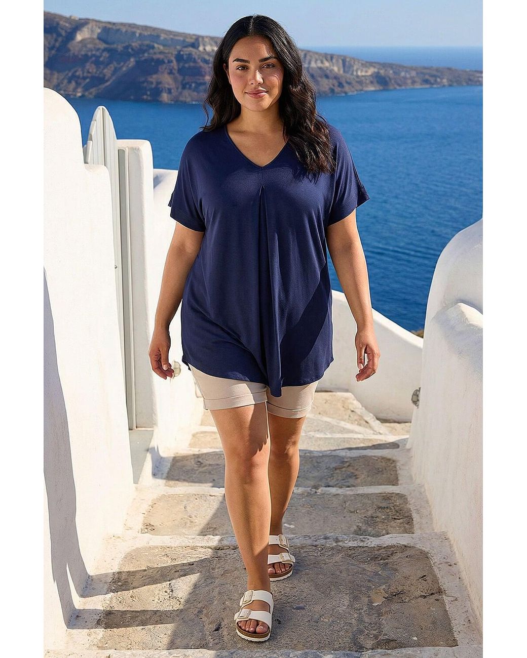 Roman Blue Curve Plain Pleat Front V-Neck Stretch Top