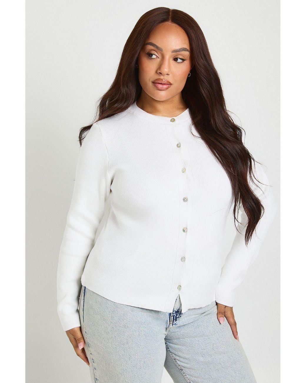 Boohoo White Plus Cinched Button Down Compact Knit Cardigan