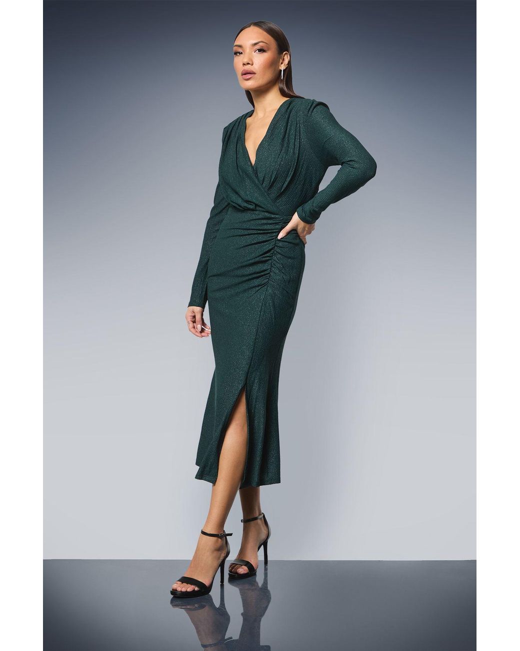 PRINCIPLES Blue Ruched Front Wrap Neck Glitter Jersey Midi Dress