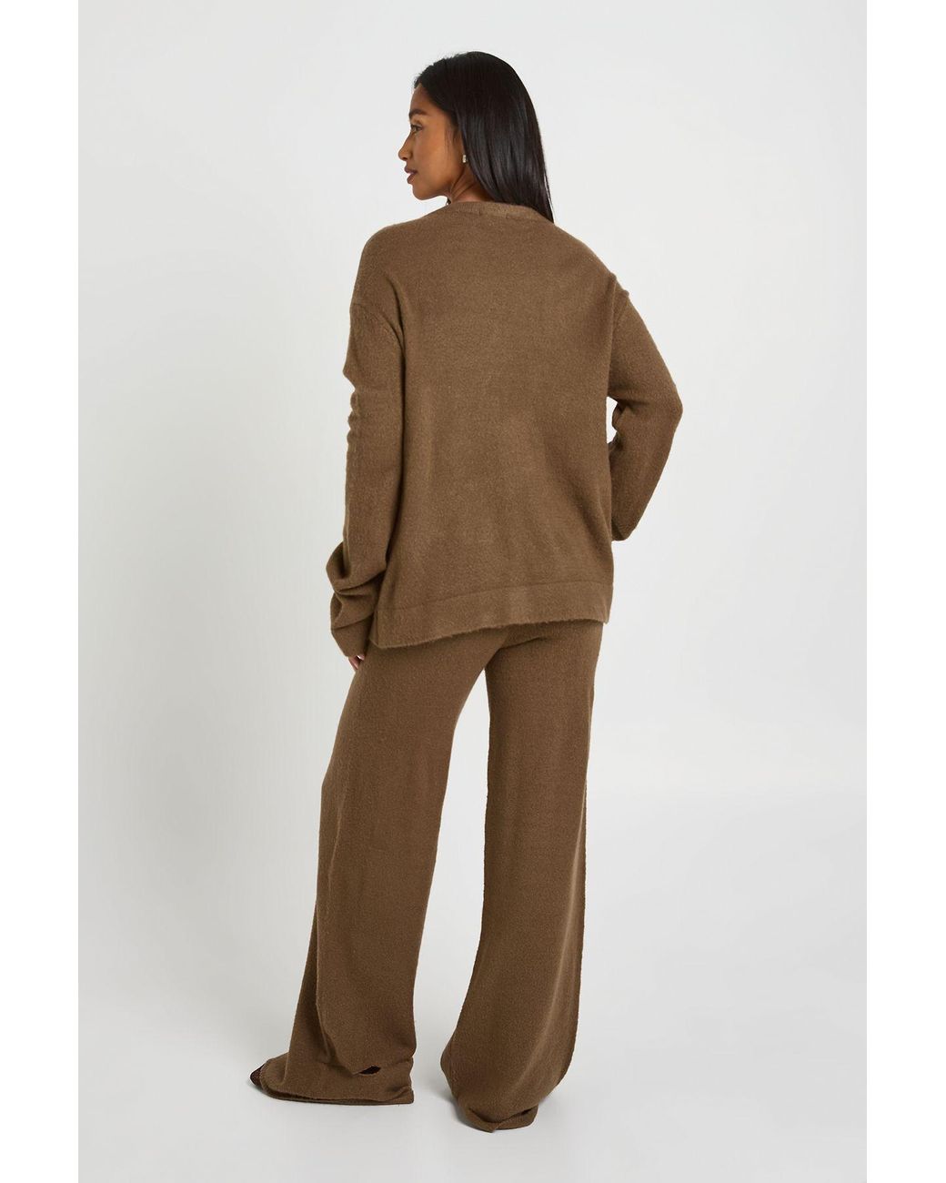 Boohoo Brown Petite V Neck Detail Jumper And Wide Leg Trouser Co-Ord